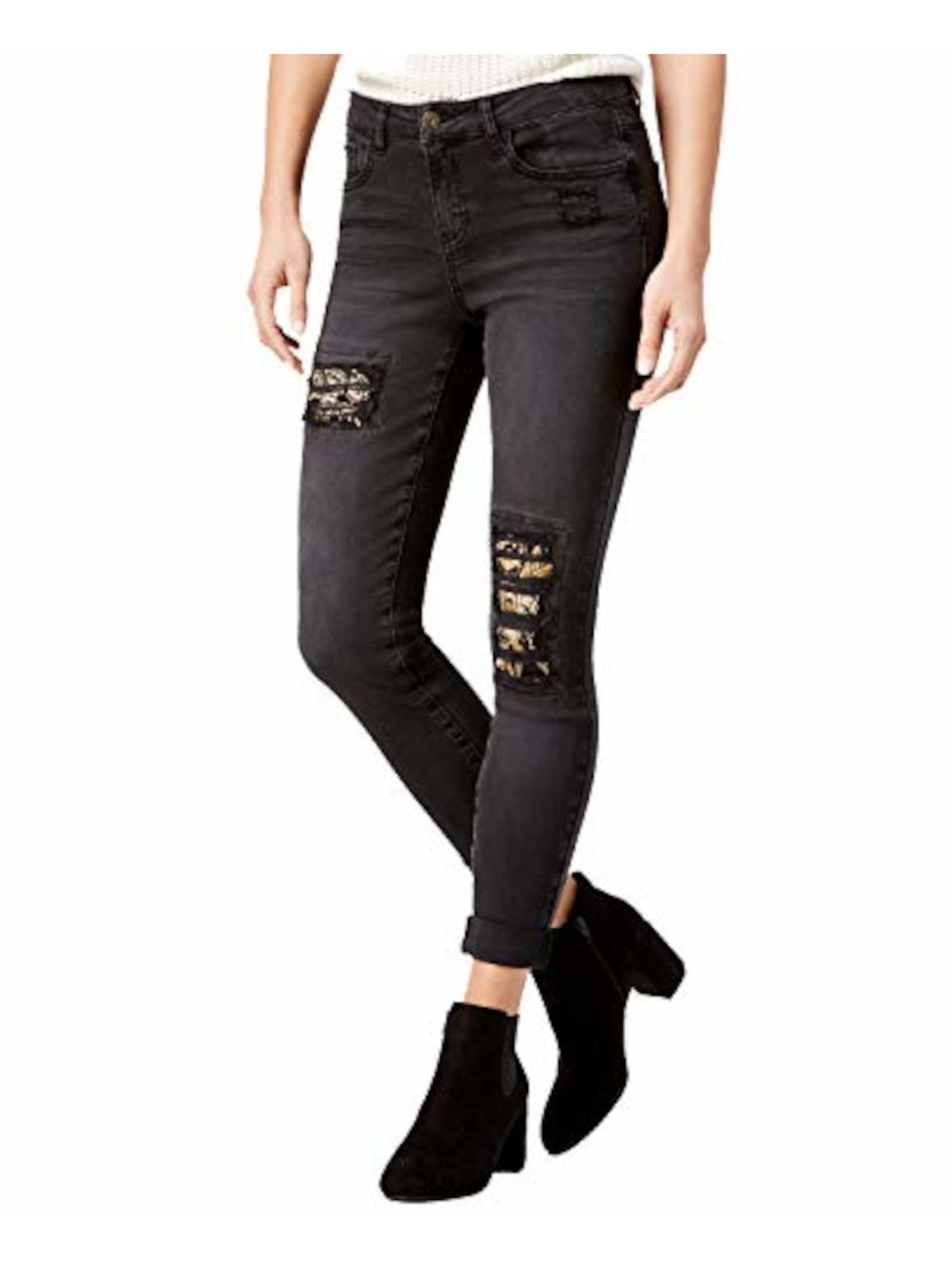 VANILLA STAR Womens Black Distressed Embroidered Pocketed Button Closure Straight leg Jeans Juniors 9