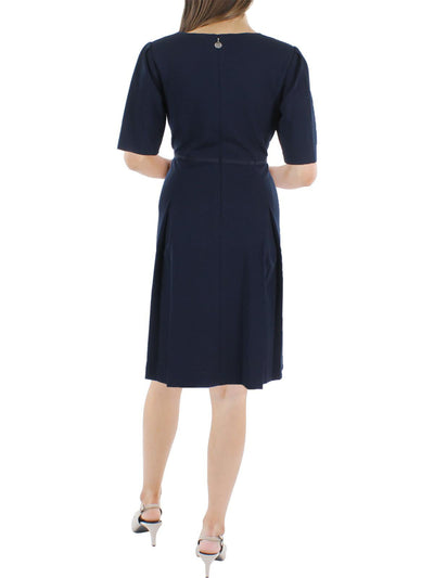 TOMMY HILFIGER Womens Navy Stretch Belted Short Sleeve Jewel Neck Above The Knee Wear To Work Fit + Flare Dress 4