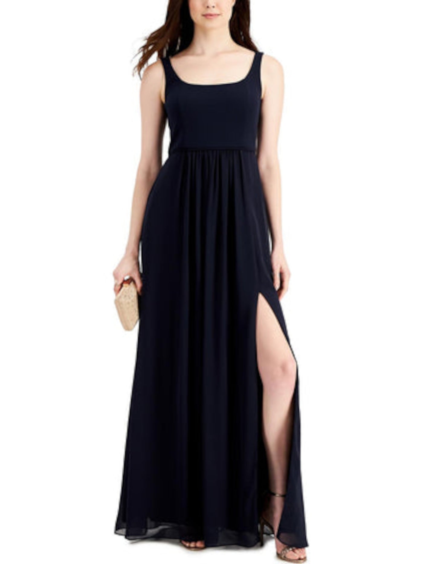 ADRIANNA PAPELL Womens Navy Zippered Slitted Gathered Pleated Lined Sheer Sleeveless Square Neck Full-Length Evening Gown Dress 8