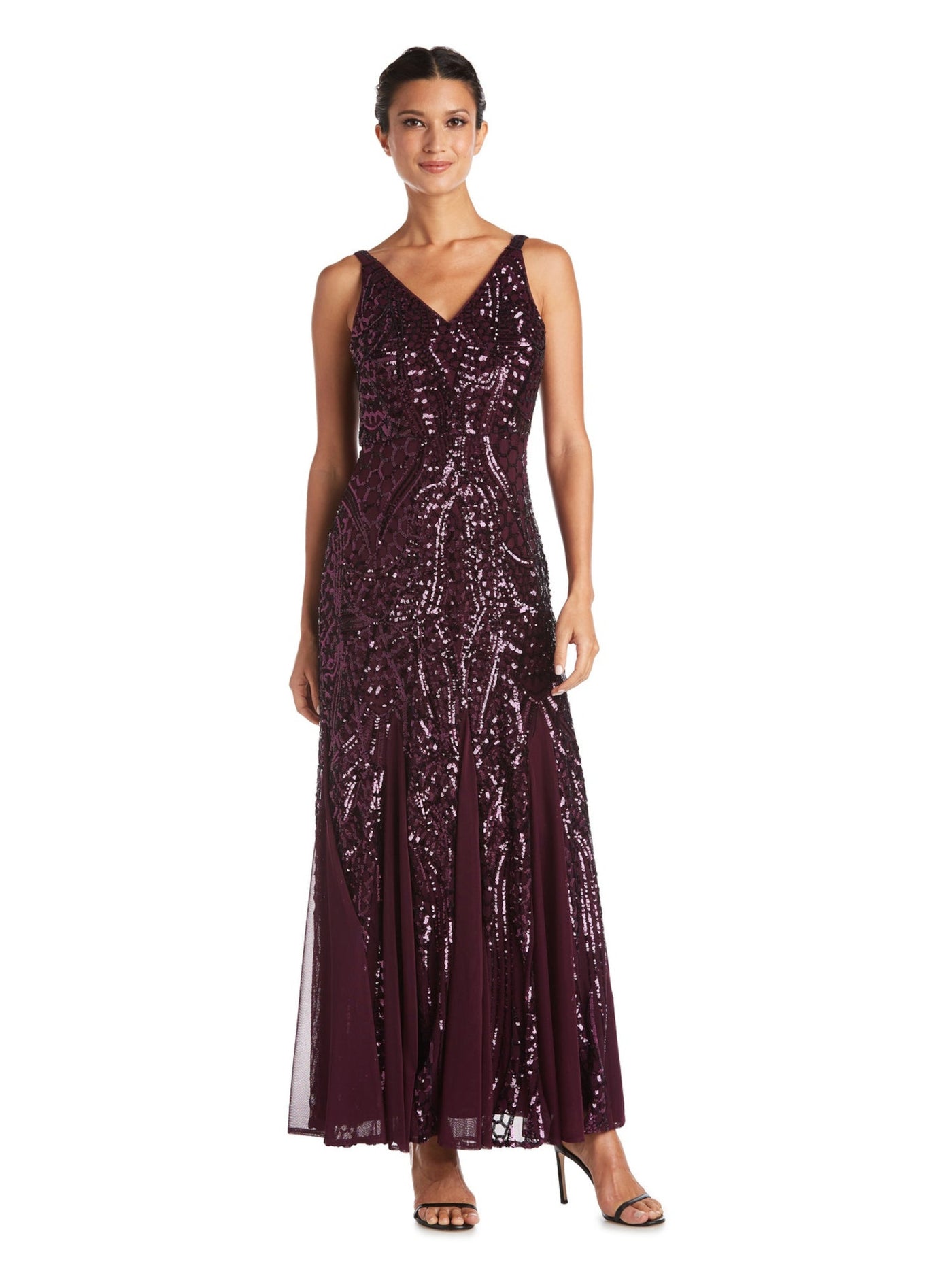 NIGHTWAY Womens Purple Sequined Zippered Sleeveless V Neck Full-Length Evening Sheath Dress 8