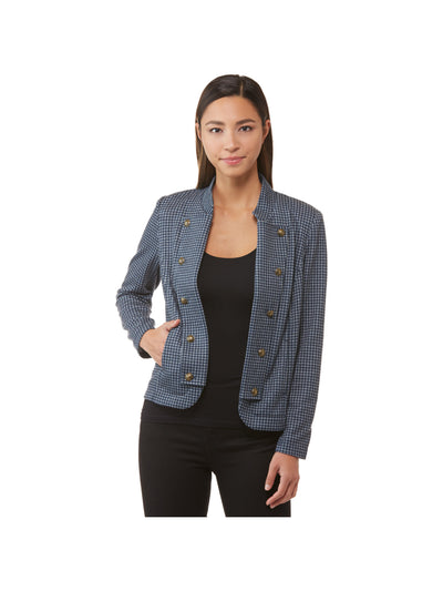 TOMMY HILFIGER Womens Blue Pocketed Unlined Stand Collar Button Detail Check Wear To Work Open Front Jacket S