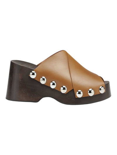 GANNI Womens Brown 1-1/2" Wood-Grain Platform Studded Round Toe Wedge Slip On Leather Slide Sandals Shoes 38