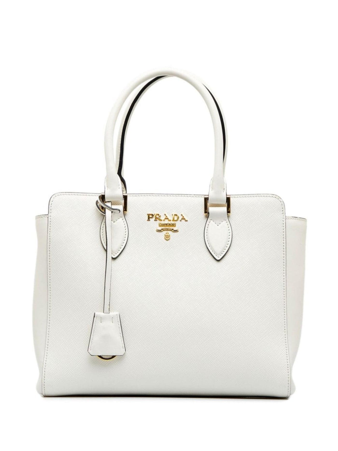 PRADA Women's White Saffiano Solid 42Adjustable Removable Crossbody Strap Textured Double Flat Strap Satchel Handbag