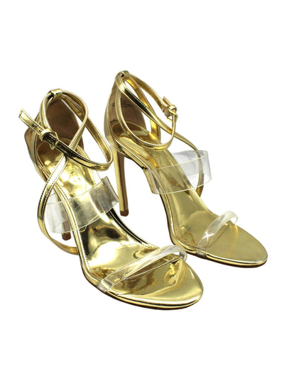 GUESS Womens Gold Transparent Metallic Goring Strappy Padded Adjustable Ankle Strap Felecia Almond Toe Stiletto Buckle Heeled Sandal 9.5 M