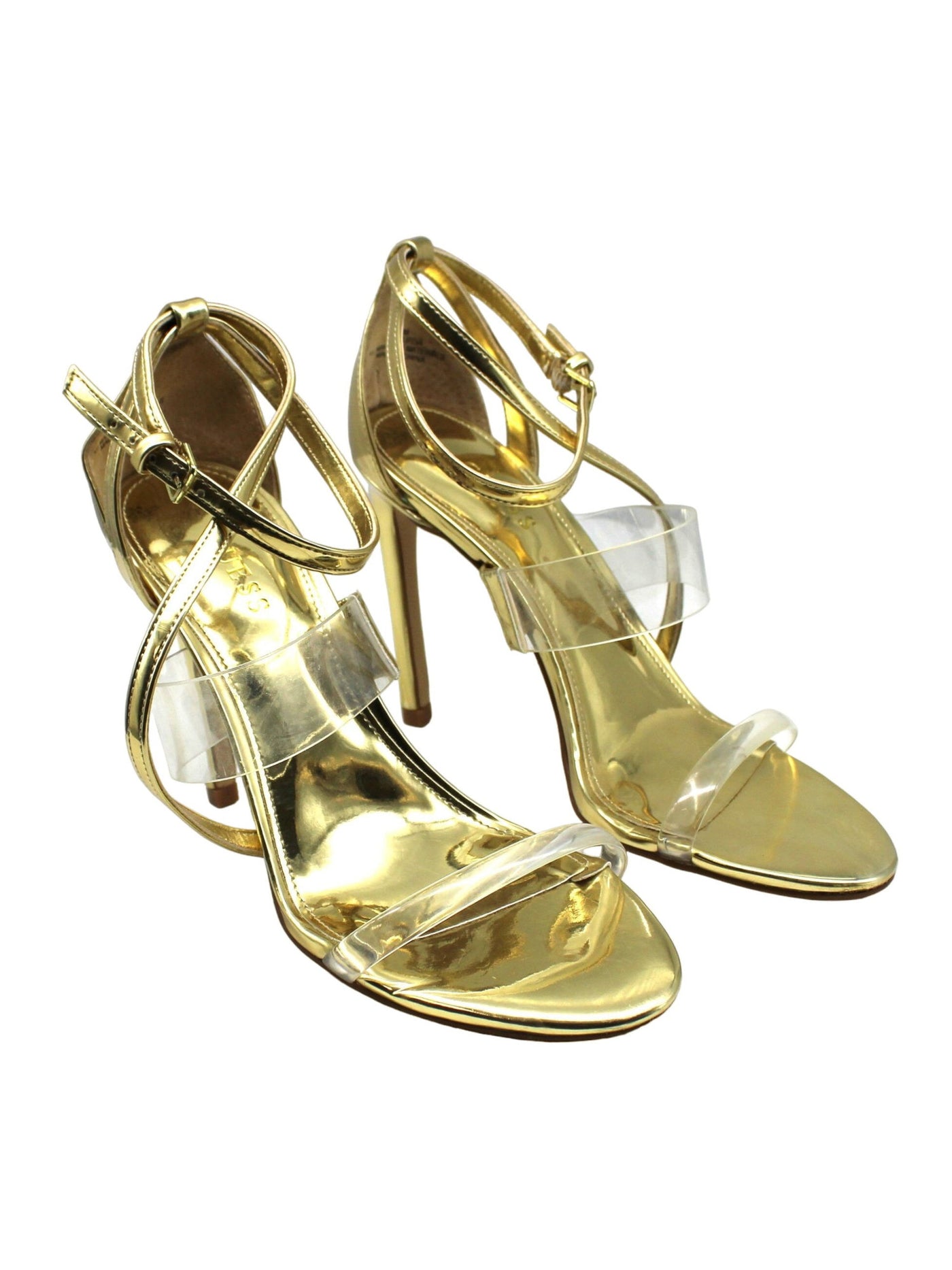 GUESS Womens Gold Transparent Metallic Goring Strappy Padded Adjustable Ankle Strap Felecia Almond Toe Stiletto Buckle Heeled Sandal 6 M