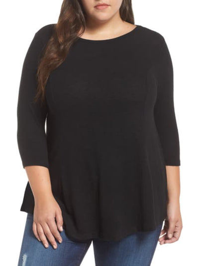 COLLECTION BY BOBEAU Womens Black Stretch 3/4 Sleeve Round Neck Top Plus 2X