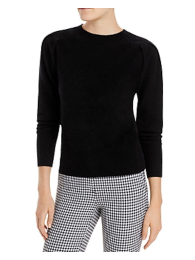 Designer Brand Womens Black Pleated Ribbed Pouf Sleeve Crew Neck Sweater XS