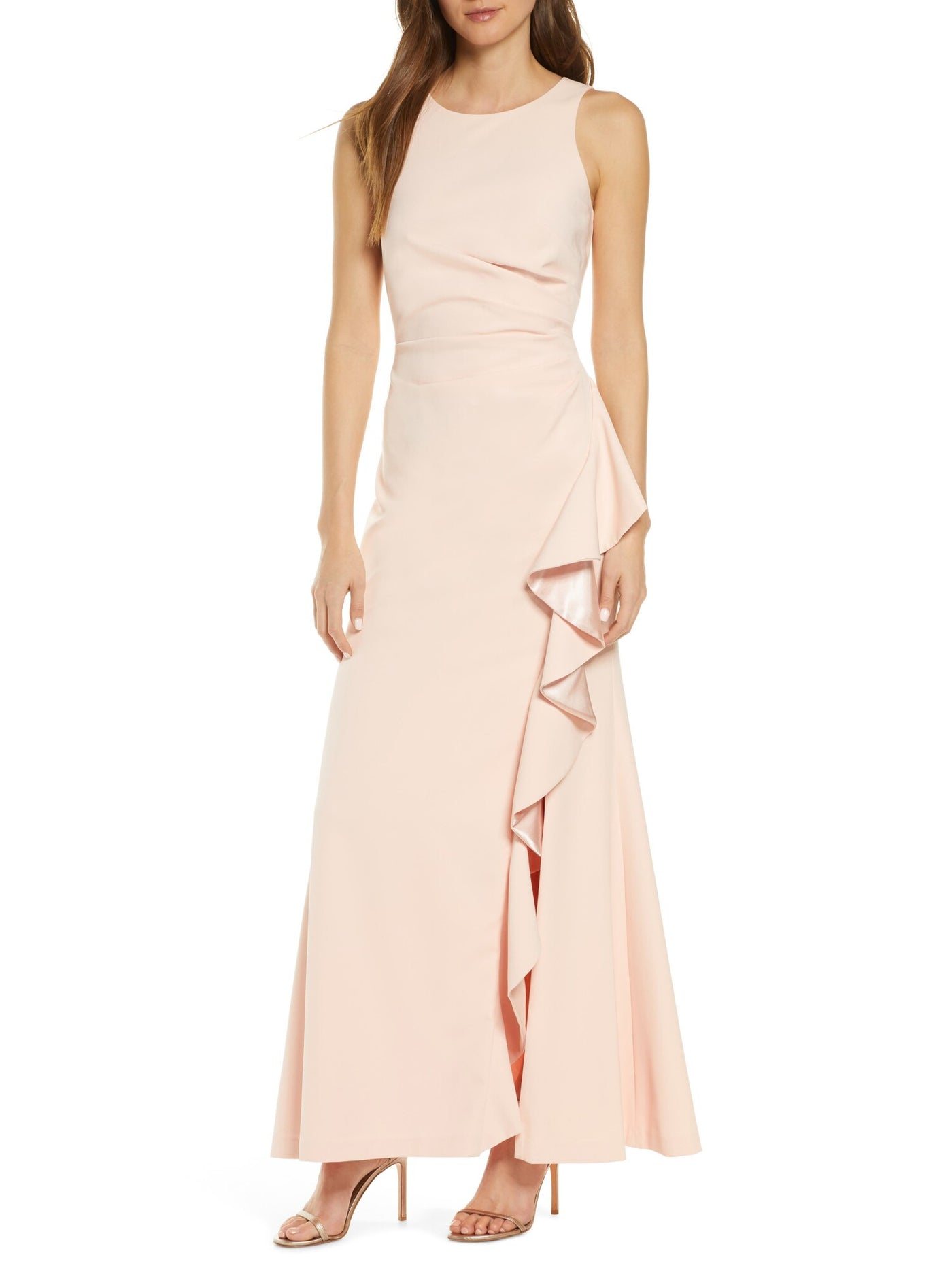 VINCE CAMUTO Womens Pink Pleated Zippered Slitted Lined Cascade Ruffle Sleeveless Round Neck Full-Length Formal Gown Dress 8