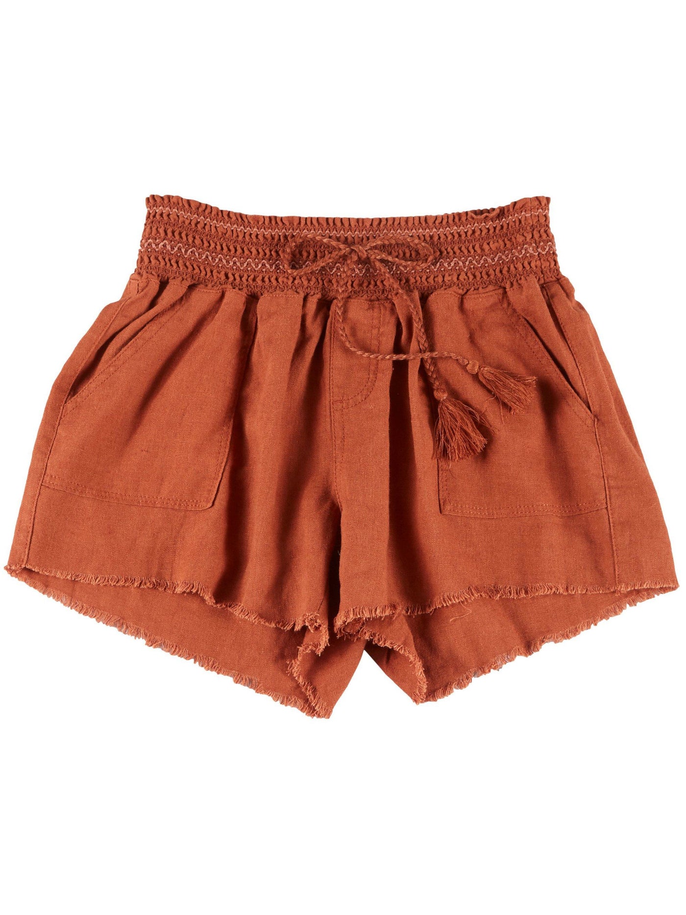 AMERICAN REWASH ORIGINAL BRAND Womens Brown Smocked Pocketed Tie Detail Frayed Hem Lounge Shorts Shorts Juniors M
