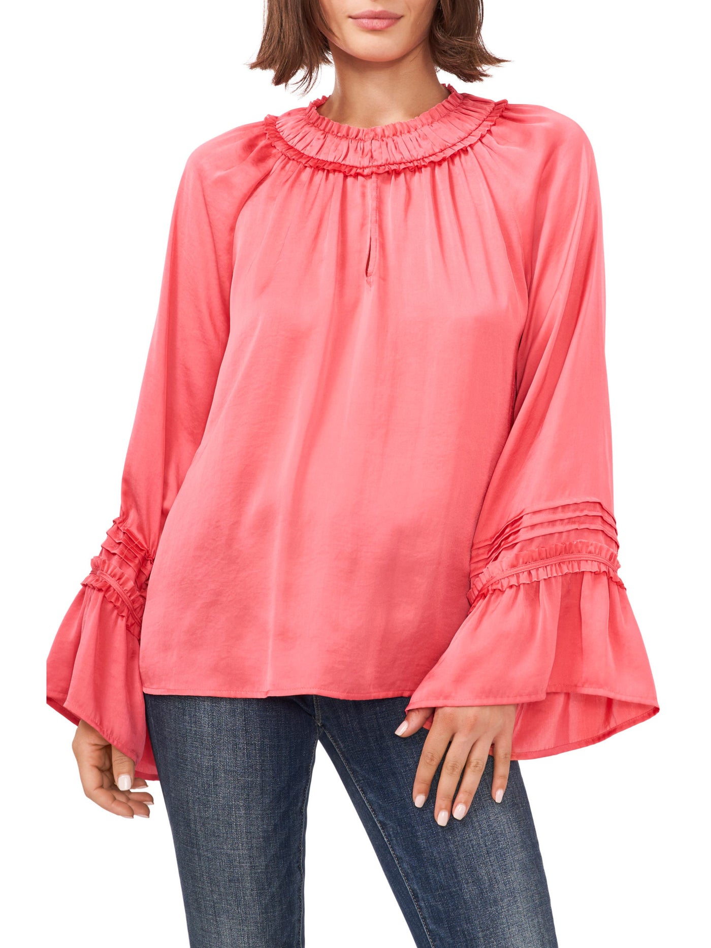 VINCE CAMUTO Womens Pink Ruffled Hook And Eye Closure Bell Sleeve Keyhole Blouse XS