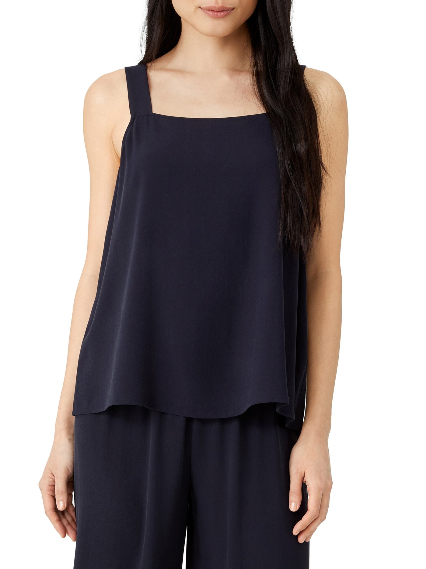 EILEEN FISHER Womens Navy Textured Unlined Sheer Zippered Sleeveless Square Neck Tank Top XS