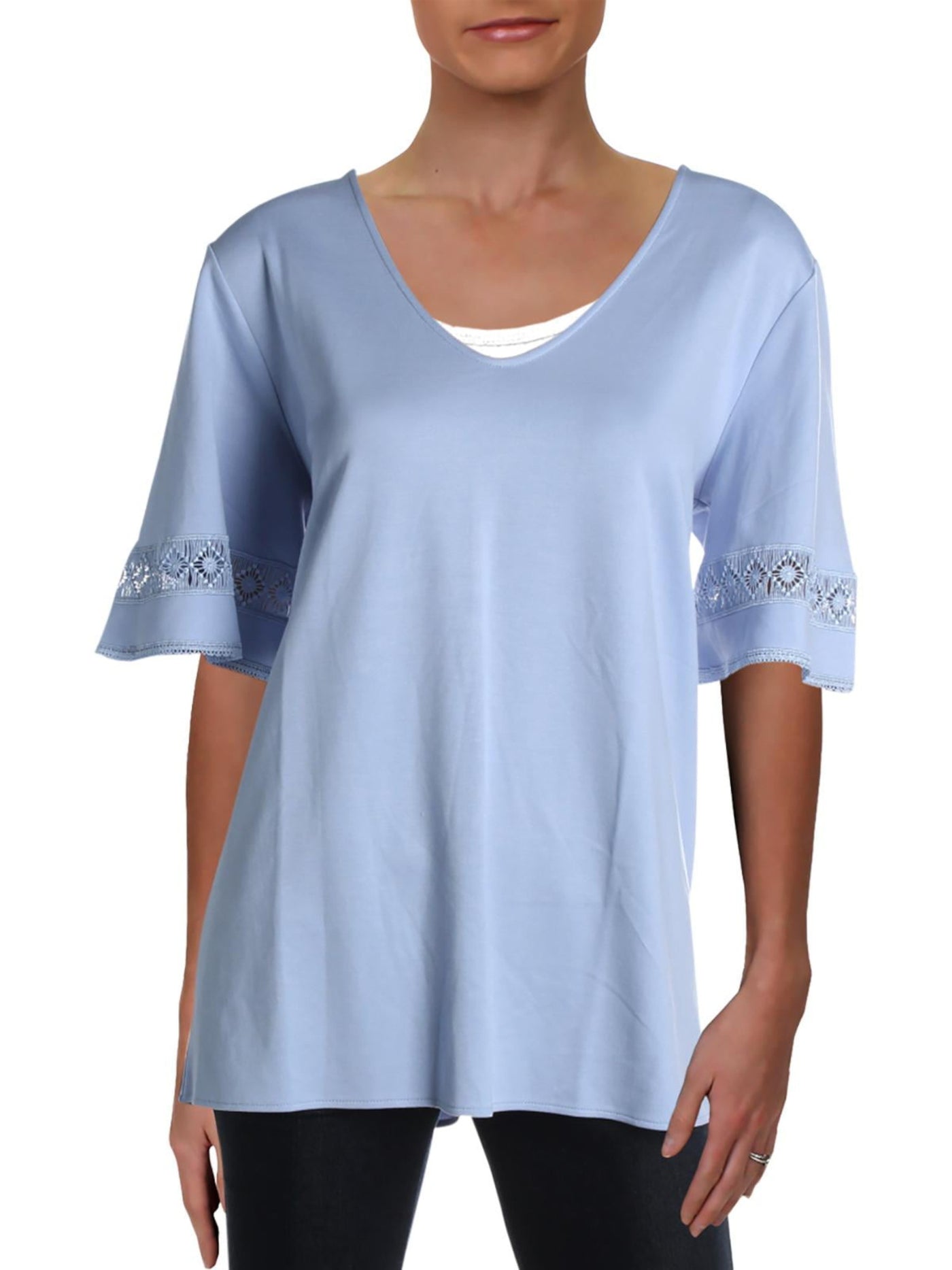 LYSSE Womens Light Blue Elbow Sleeve Scoop Neck Top XS