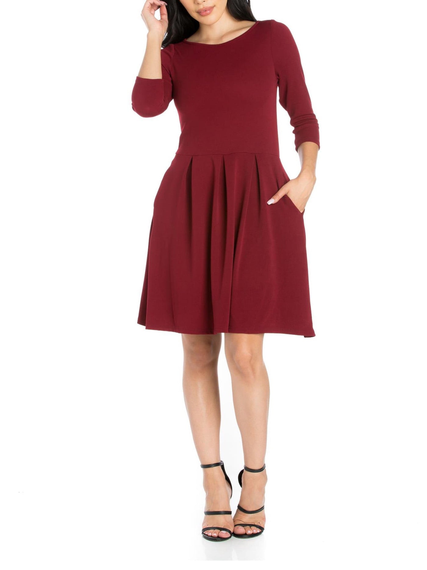 24 SEVEN COMFORT Womens Burgundy Pocketed Unlined Pullover Pleated 3/4 Sleeve Boat Neck Above The Knee Fit + Flare Dress L