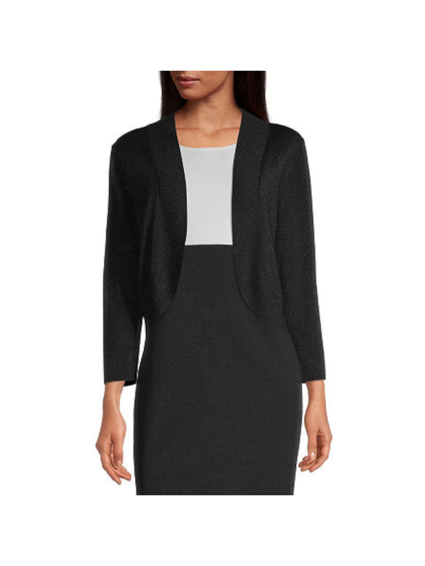 RONNI NICOLE Womens Black Short Length Rounded Front Hem 3/4 Sleeve Open Front Wear To Work Shrug Cardigan L