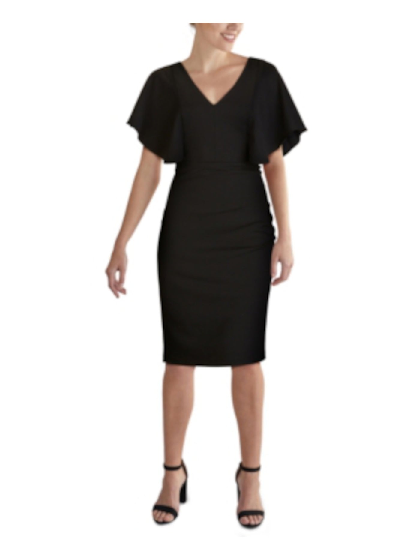 KENSIE DRESSES Womens Stretch Zippered Slitted Cape Sleeve V Neck Knee Length Wear To Work Sheath Dress