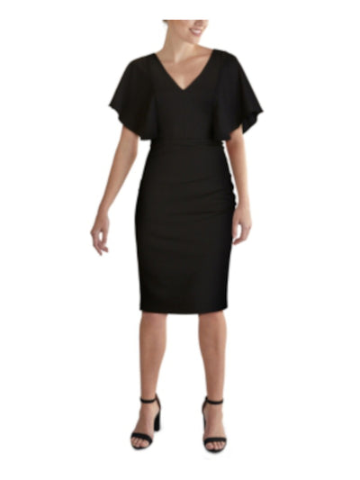 KENSIE DRESSES Womens Black Stretch Zippered Slitted Cape Sleeve V Neck Knee Length Wear To Work Sheath Dress 6