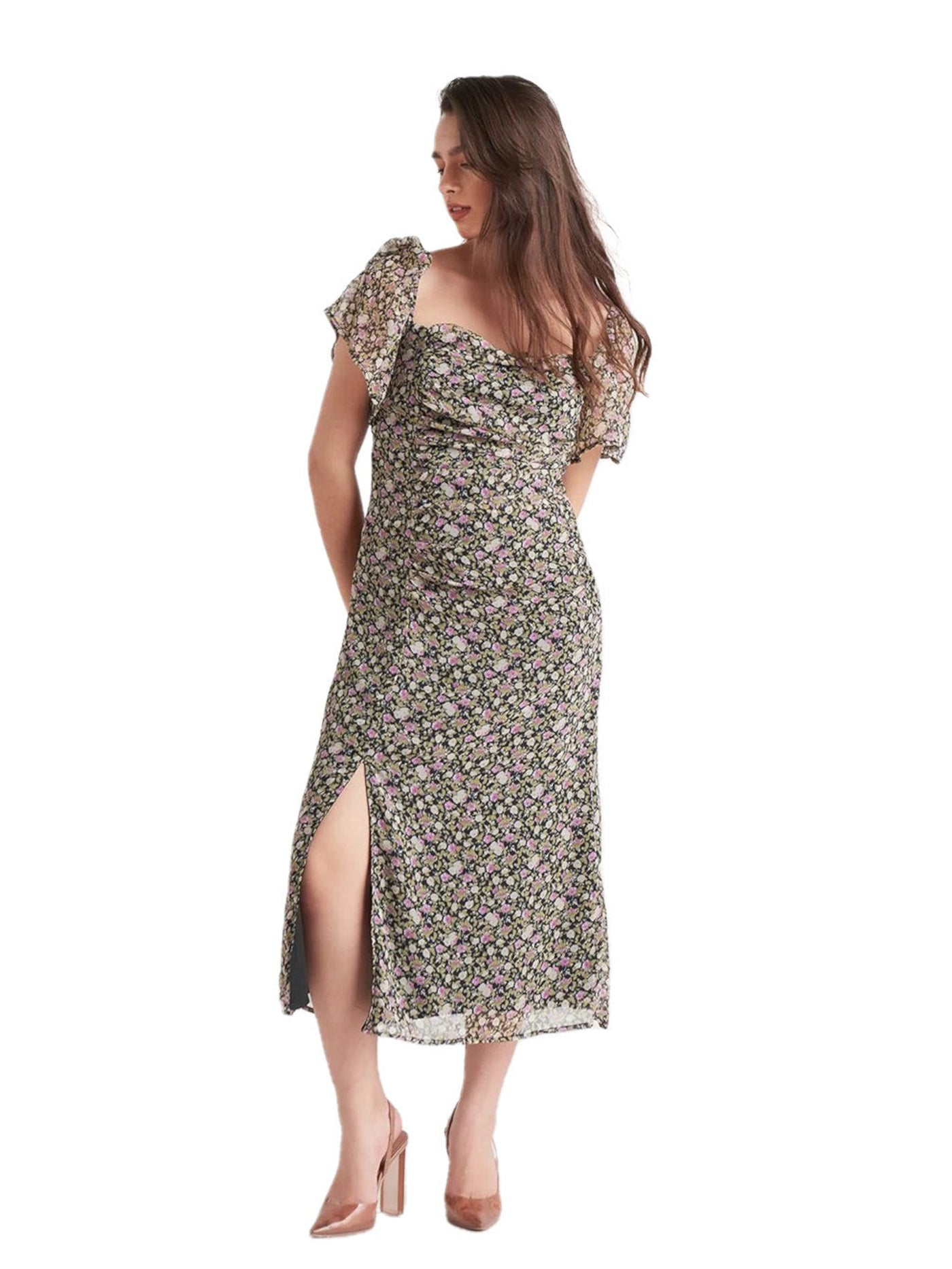 BLACK TAPE Womens Black Smocked Slitted Draped Tiered Lined Floral Pouf Sleeve Square Neck Midi Fit + Flare Dress XS