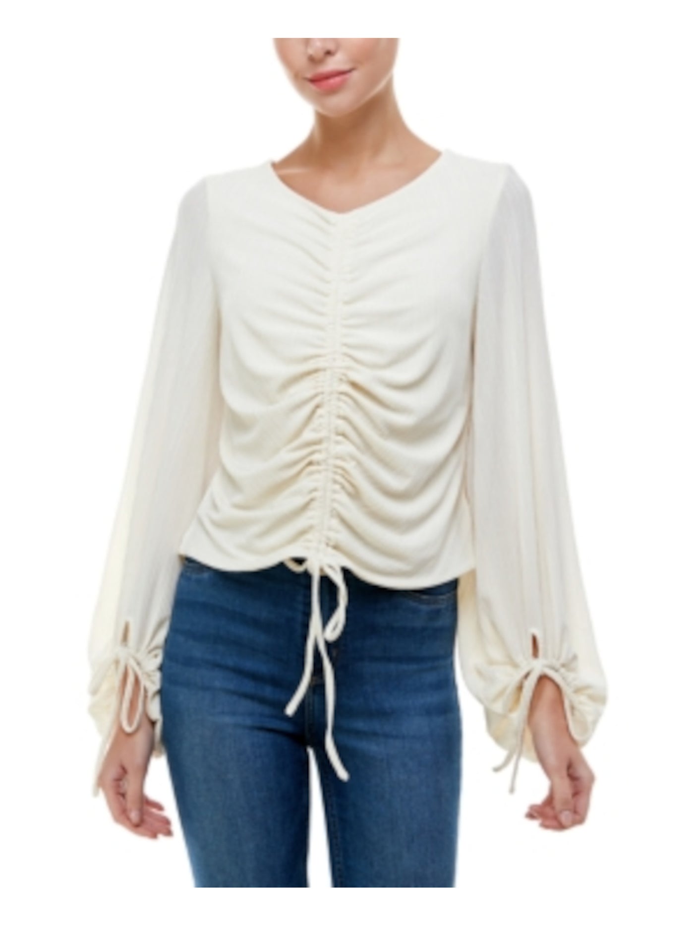 Q+A LOS ANGELES Womens Ivory Ruched Tie Textured Tie-cuffs Long Sleeve Round Neck Top M