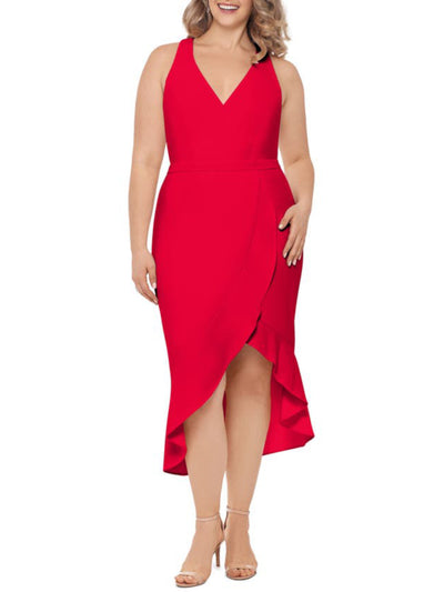 XSCAPE Womens Red Stretch Ruffled Zippered Scuba Crepe Tulip Hi-lo Hem Sleeveless Surplice Neckline Midi Party Mermaid Dress Plus 20W