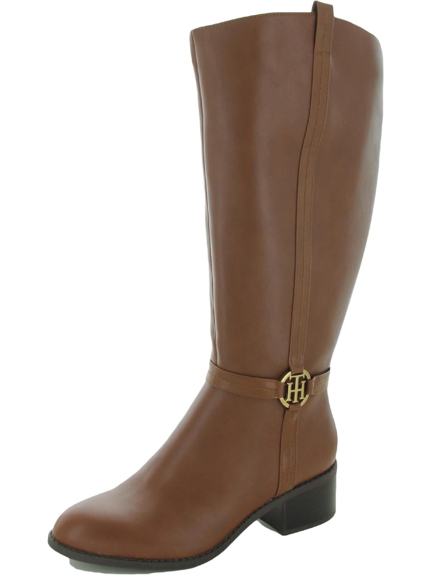 TOMMY HILFIGER Womens Brown Metallic Signature Ornament Stretch Gore Wide Calf Padded Diwan Almond Toe Block Heel Zip-Up Riding Boot 8 M WC