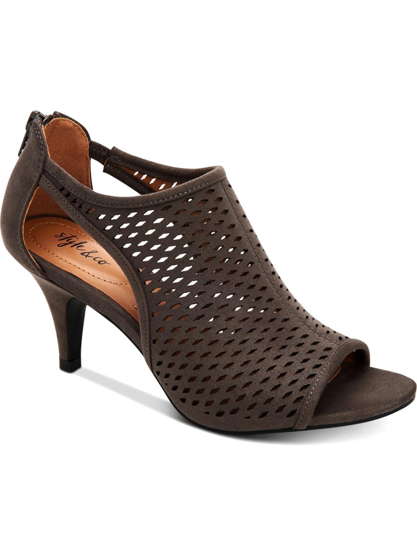 STYLE & COMPANY Womens Gray Side Cutouts Perforated Padded Haddiee Round Toe Kitten Heel Zip-Up Shootie 7.5 M