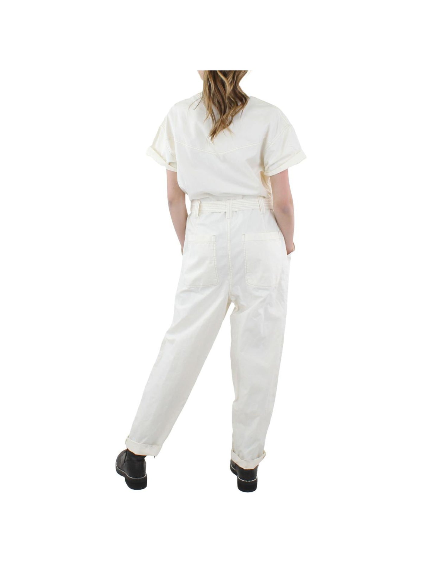 PISTOLA Womens Ivory Belted Pocketed Snap Closure Short Sleeve Crew Neck Straight leg Jumpsuit S