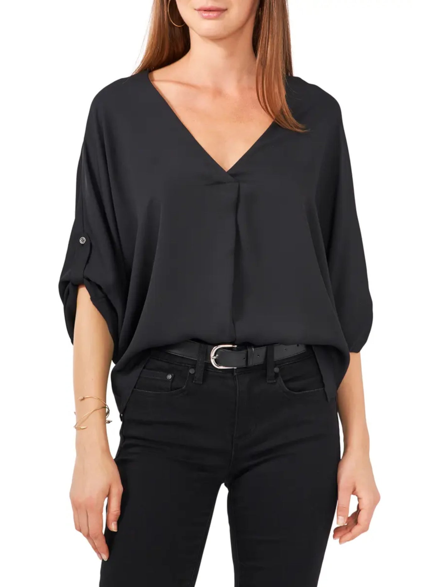VINCE CAMUTO Womens Black Pleated Sheer Roll Tab Pullover Vented Hem Dolman Sleeve V Neck Wear To Work Blouse XXS