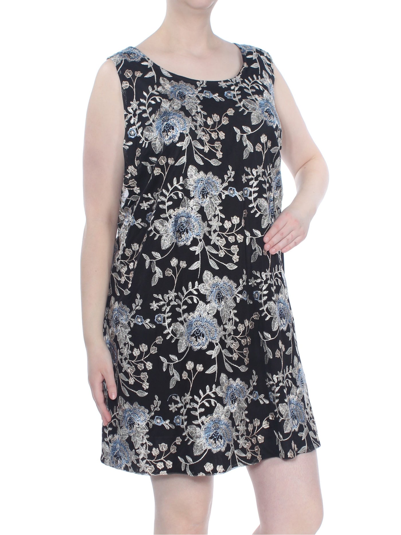 SIGNATURE BY ROBBIE BEE Womens Black Embroidered Floral Sleeveless Scoop Neck Above The Knee Trapeze Dress Plus 2X