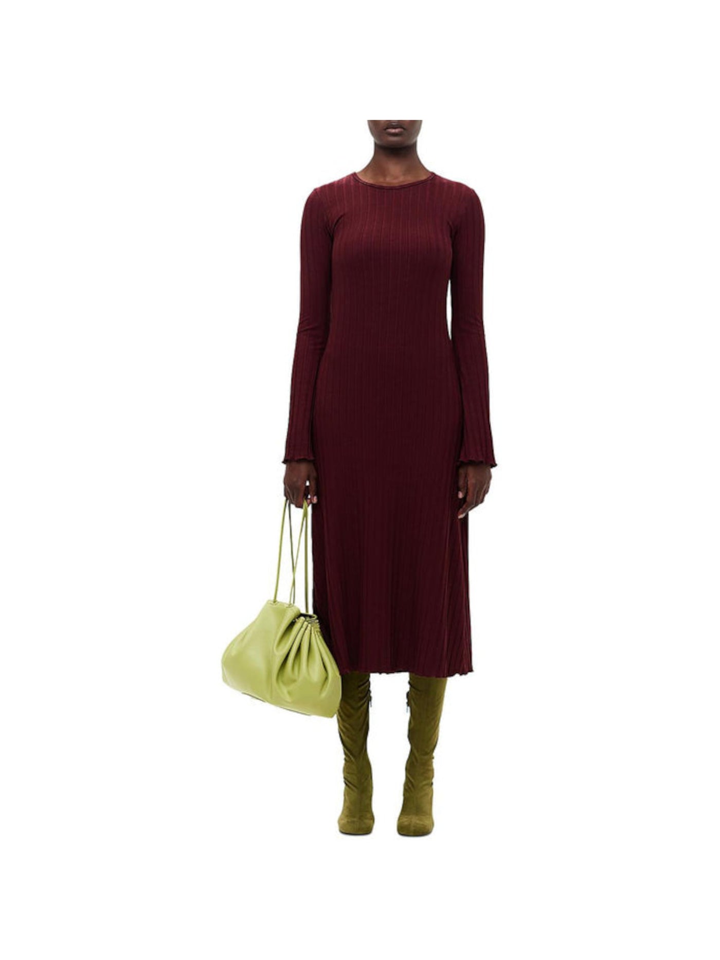 SIMON MILLER Womens Burgundy Ribbed Lettuce Trim Drop Shoulders Long Sleeve Round Neck Midi Fit + Flare Dress XS