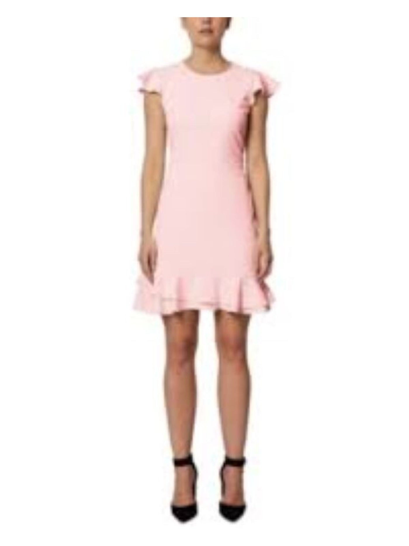 SAGE COLLECTIVE Womens Pink Stretch Zippered Ruffled Sleeves And Tiered Hem Cap Sleeve Jewel Neck Above The Knee Wear To Work Sheath Dress 10