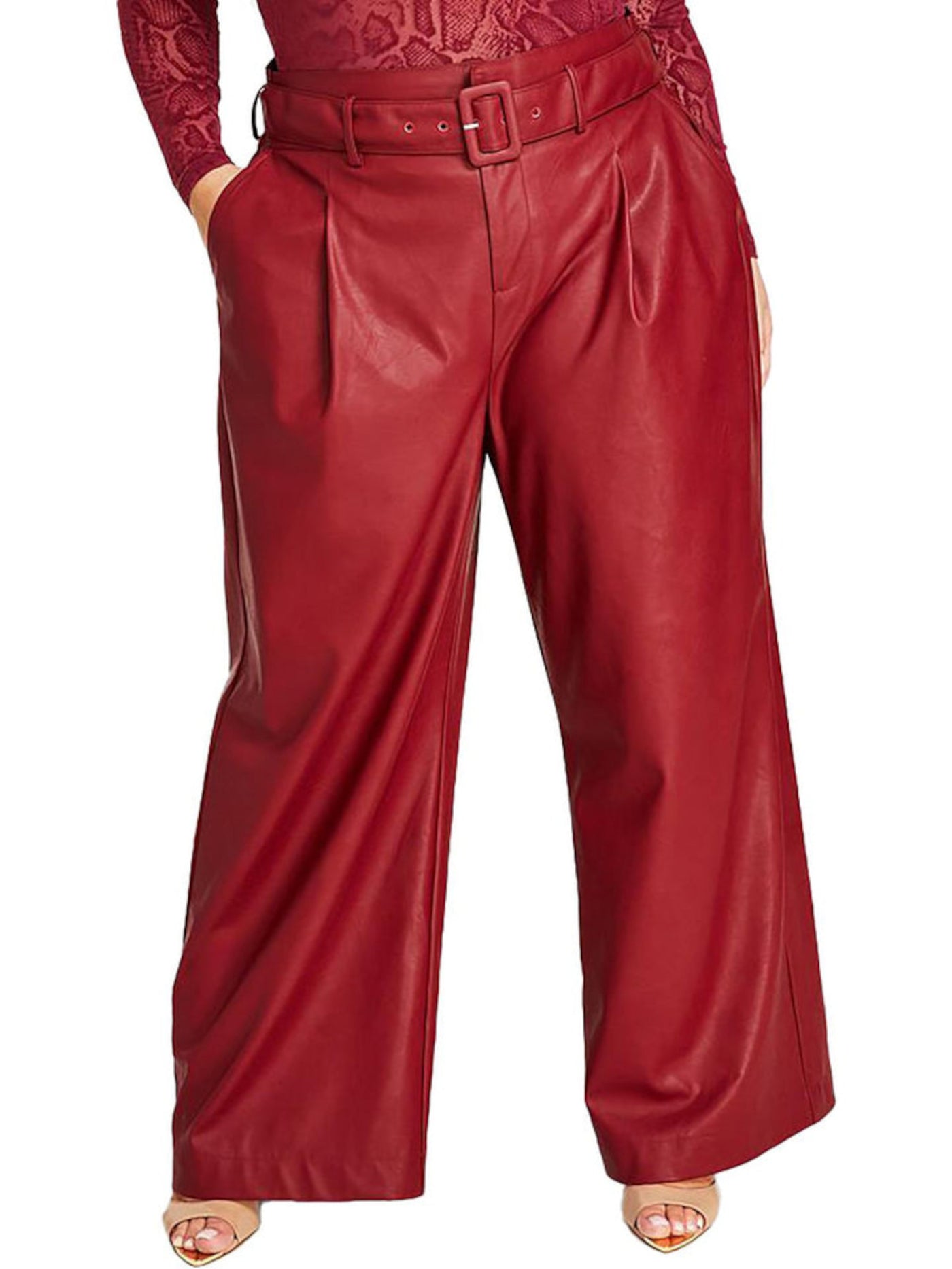 NINA PARKER Womens Red Faux Leather Pocketed Zippered Pleated Belted Party Wide Leg Pants Plus 14W