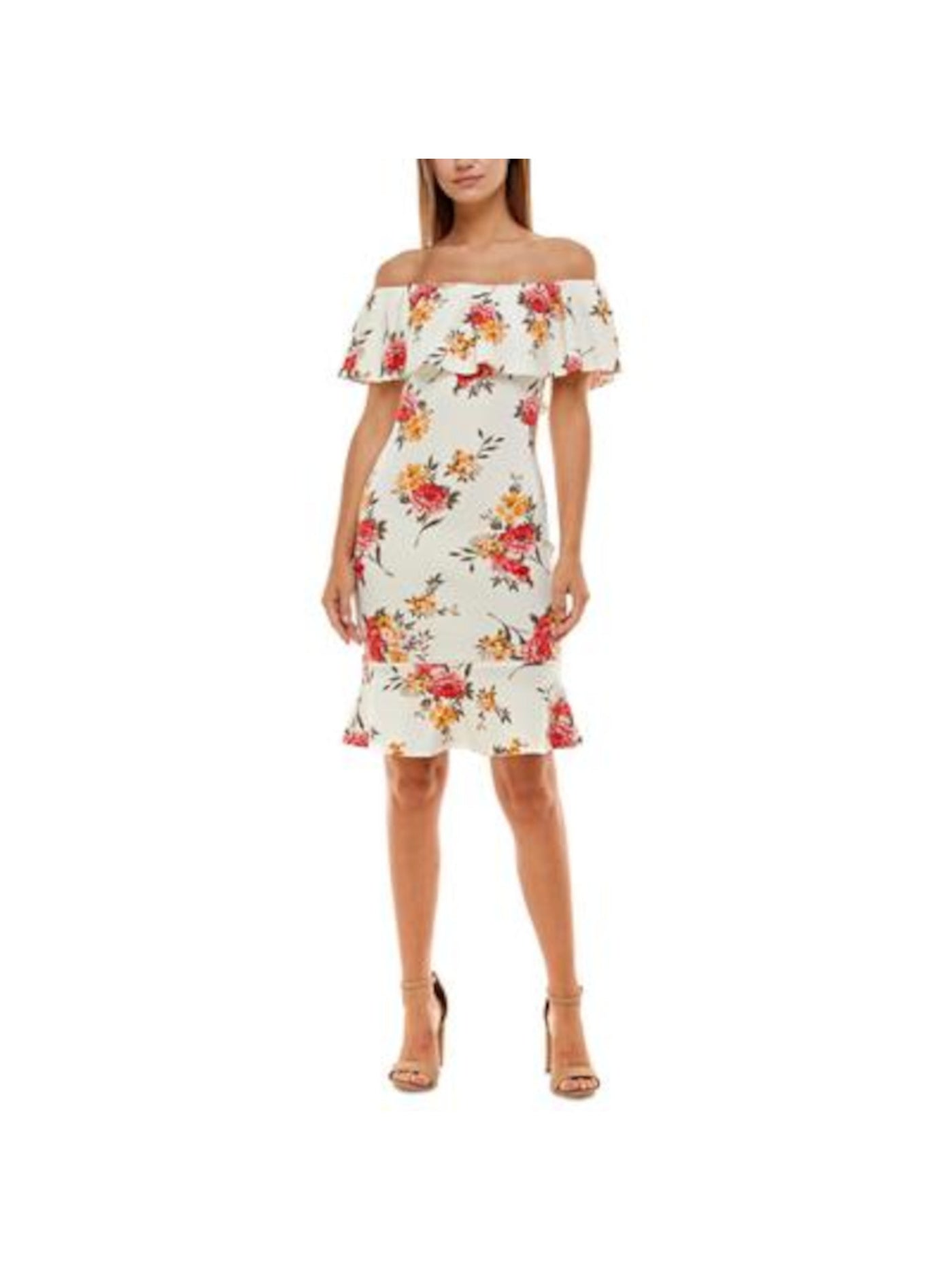 ALMOST FAMOUS Womens Ivory Ruffled Hidden Back Zipper Floral Strapless Knee Length Evening Body Con Dress XS