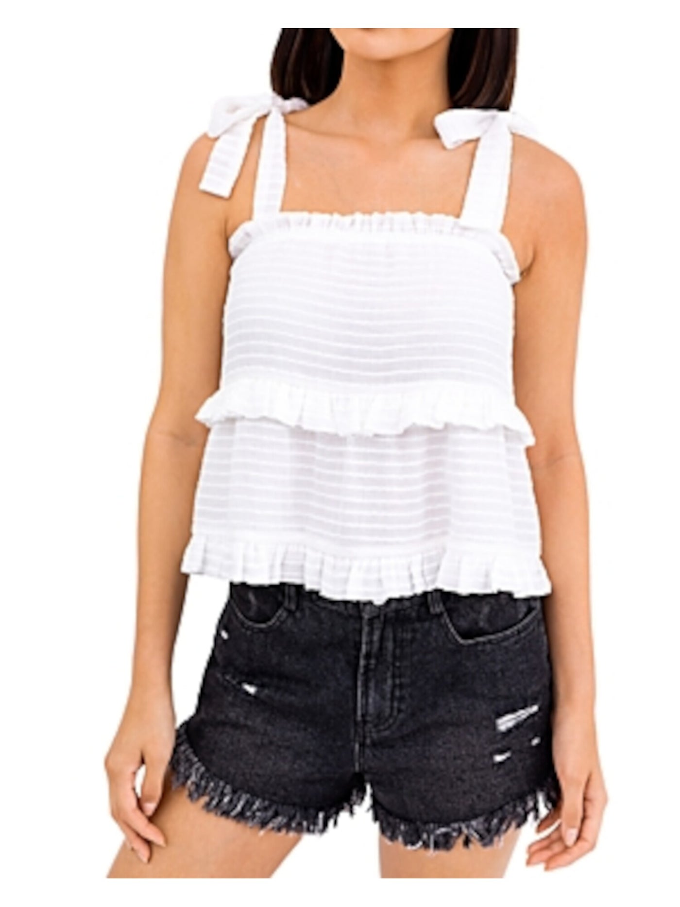 LE LIS Womens White Ruffled Tie Tiered Lined Sleeveless Square Neck Tank Top L