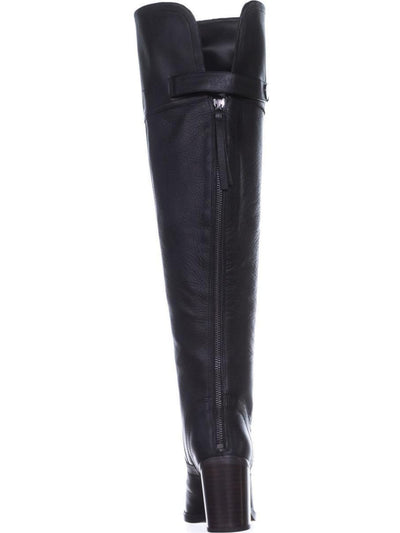 FRANCO SARTO Womens Black Stretch Knee Strap Padded Wide Calf Ollie Almond Toe Stacked Heel Zip-Up Leather Boots Shoes 7.5 M WC