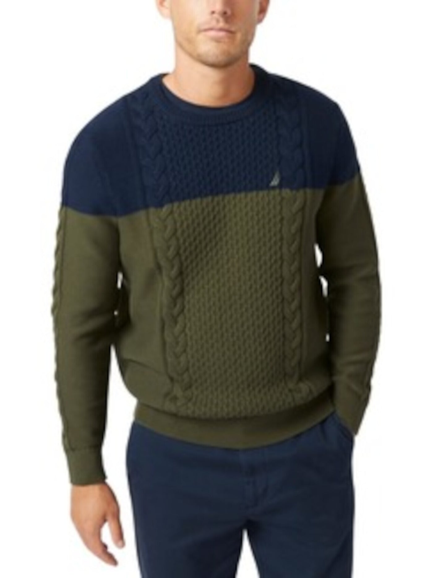 NAUTICA Mens Green Color Block Crew Neck Classic Fit Cotton Pullover Sweater XXL