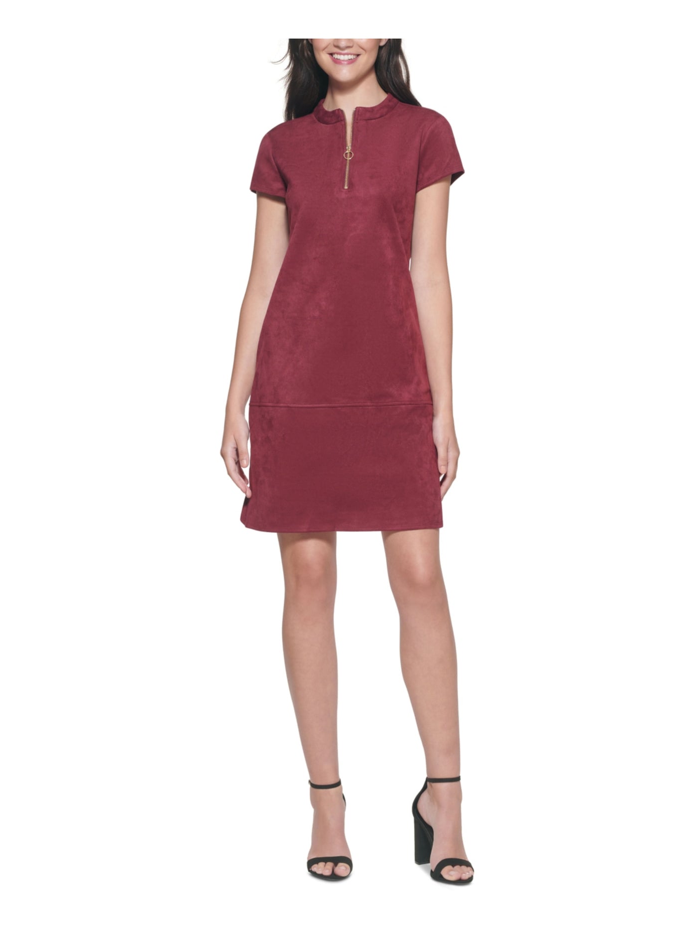 KENSIE Womens Burgundy Zippered Pocketed Short Sleeve Round Neck Above The Knee Party Shift Dress 8