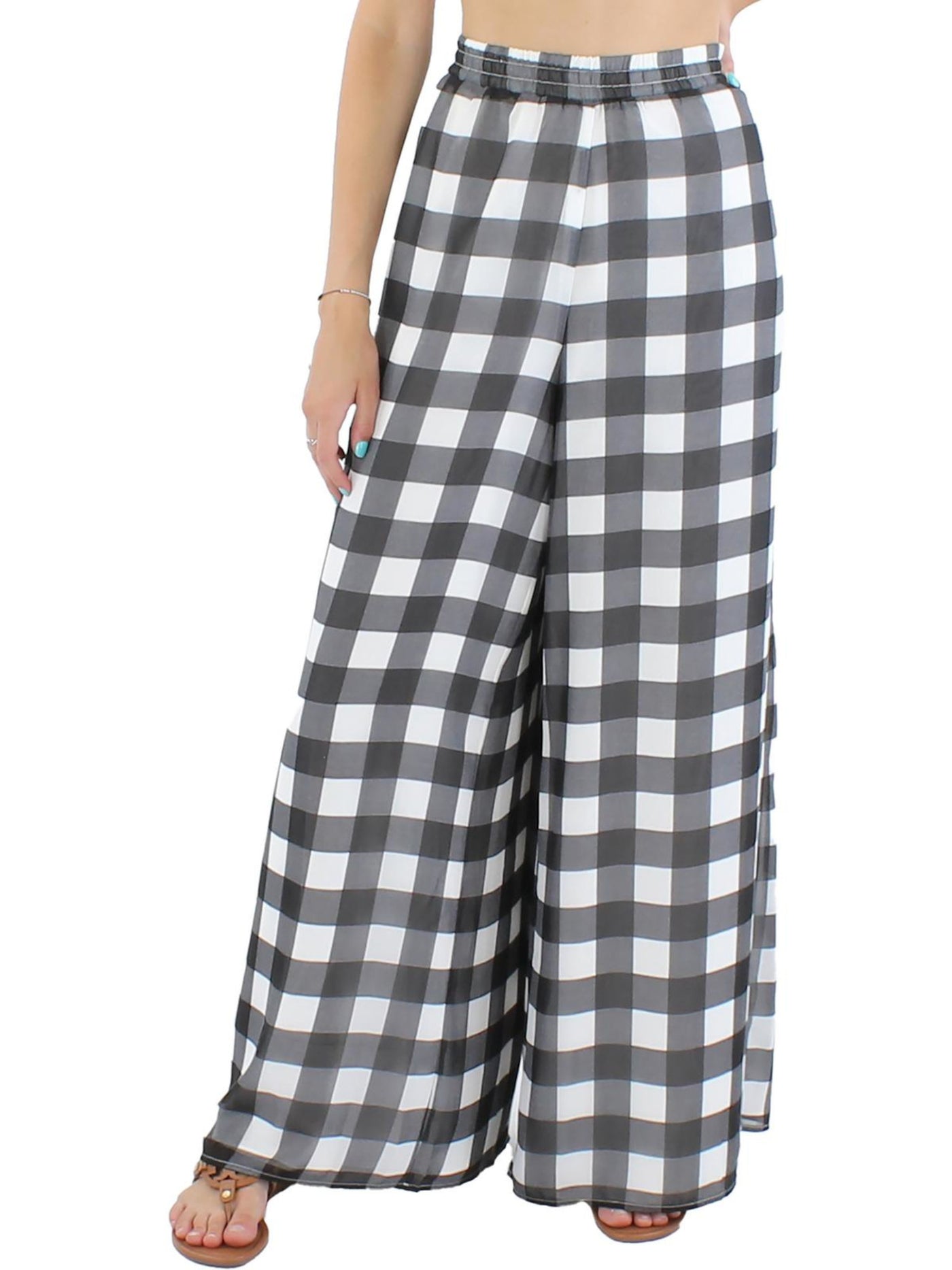 RILEY&RAE Womens Black Lined Elastic Waist Pull On Check Wide Leg Pants L