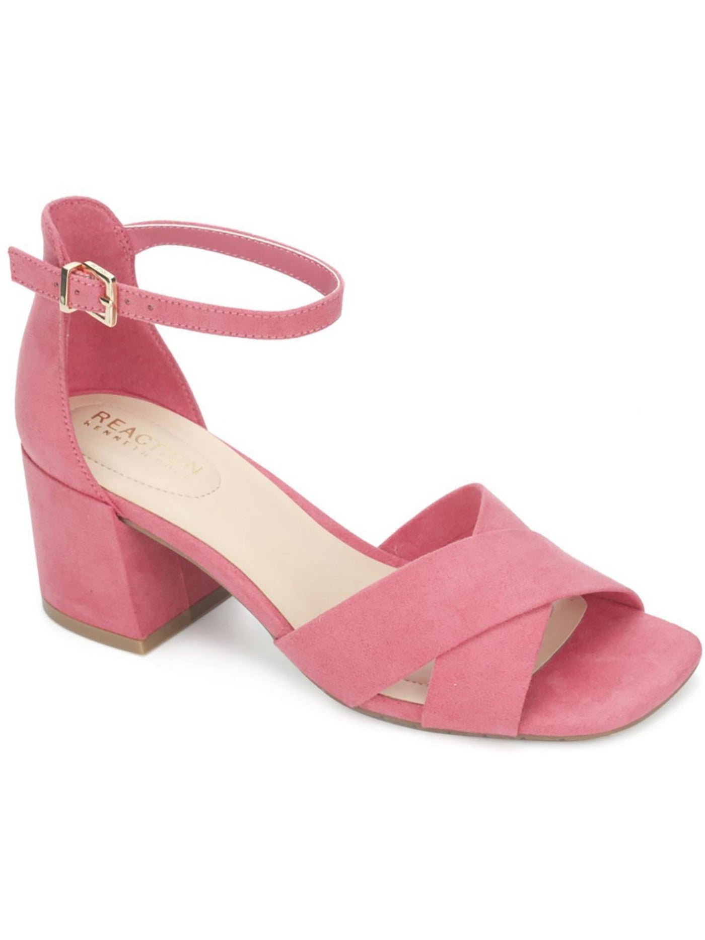 REACTION KENNETH COLE Womens Coral Ankle Strap Padded Mix X-band Square Toe Block Heel Buckle Dress Heeled Sandal 6.5 M