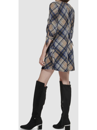 JESSICA HOWARD Womens Brown Lined Keyhole Back Button Cuff Plaid Elbow Sleeve Round Neck Knee Length Shift Dress XL