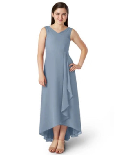 ADRIANNA PAPELL Womens Blue Stretch Zippered Pleated Cascade Ruffle Slitted Lined Sleeveless Asymmetrical Neckline Full-Length Evening Gown Dress 14
