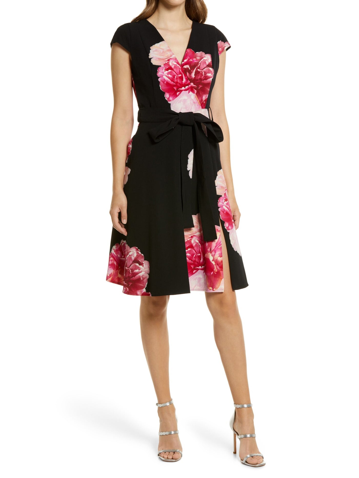 BLACK HALO Womens Black Slitted Zippered Tie-waist Floral Cap Sleeve Surplice Neckline Above The Knee Party Fit + Flare Dress 10