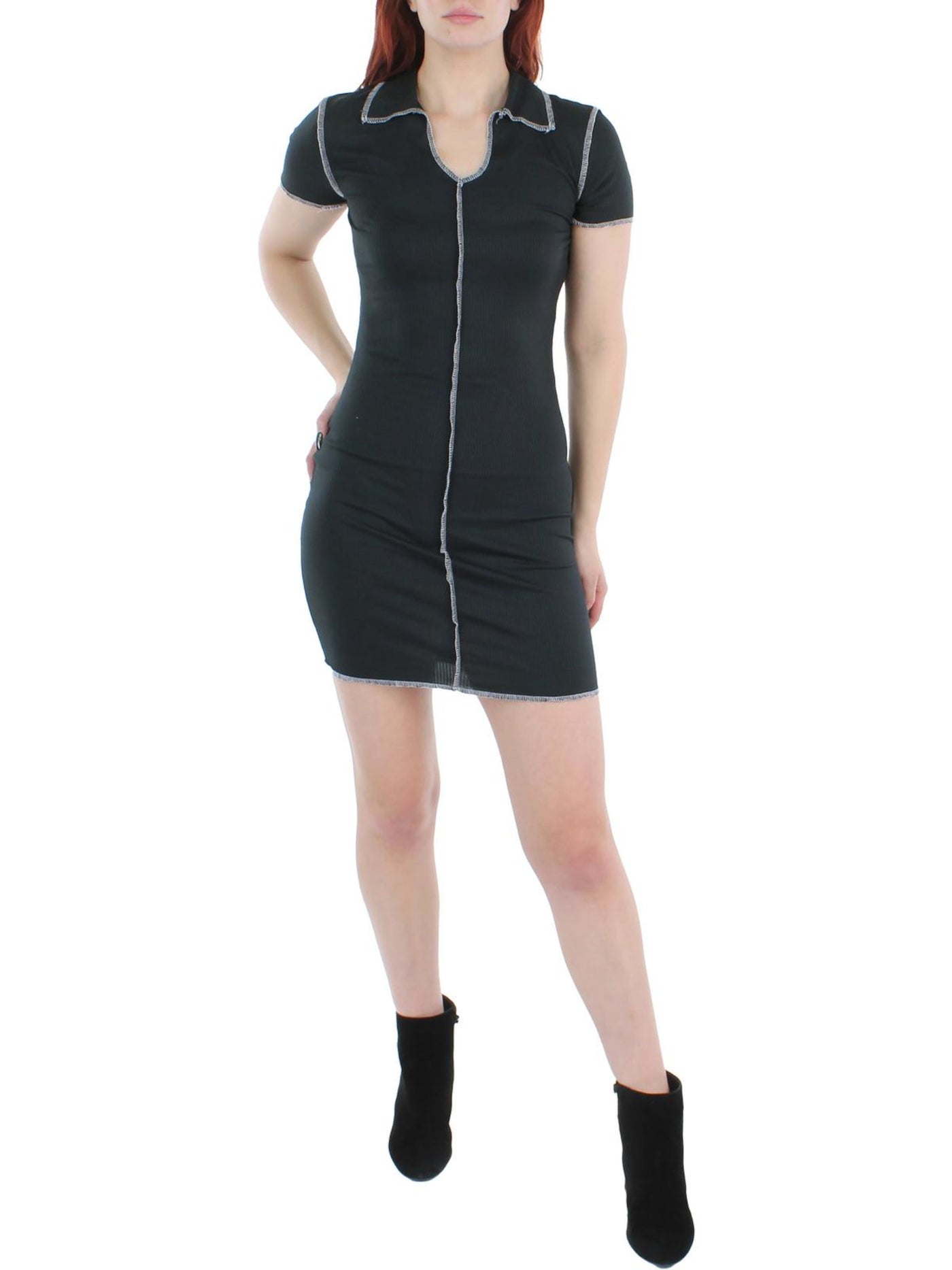 NO COMMENT Womens Black Fitted Ribbed Pullover Collared Short Sleeve Scoop Neck Short Evening Shirt Dress Juniors XL
