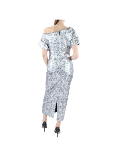 CHRISTOPHER KANE Womens Silver Zippered Textured Boning Rolled Cuffs Lined Animal Print Short Sleeve Asymmetrical Neckline Midi Evening Sheath Dress 8