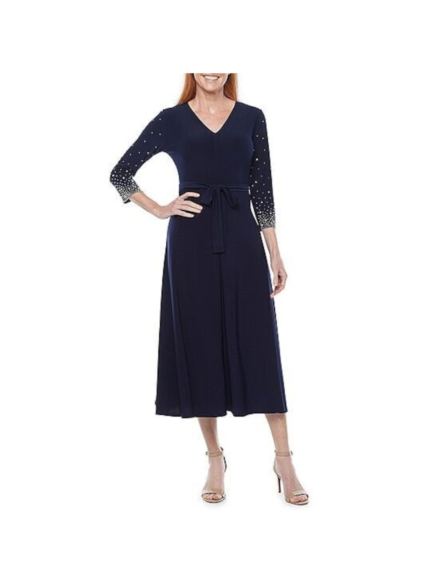 MSK Womens Navy Stretch Embellished Belted 3/4 Sleeve V Neck Midi Party Fit + Flare Dress Petites PS