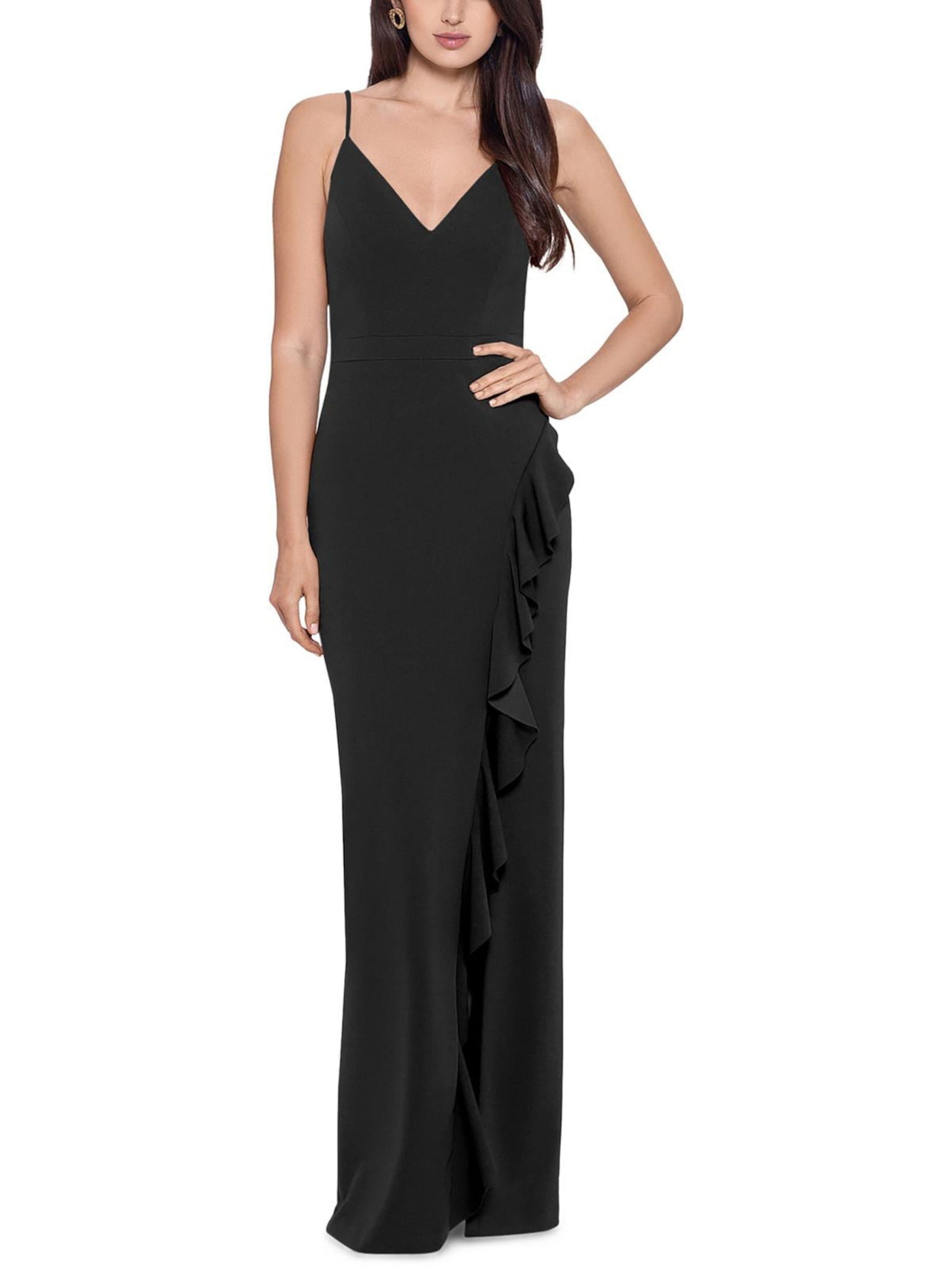 XSCAPE Womens Black Stretch Slitted Zippered Cascade Ruffle Lined Spaghetti Strap V Neck Full-Length Evening Gown Dress 8