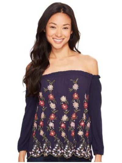 LUCKY BRAND Womens Navy Embroidered Scalloped Pullover Sheer Ruffled Floral Long Sleeve Off Shoulder Top L