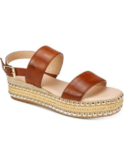 SEVEN DIALS Womens Cognac Brown 1-1/2" Platform Padded Jute Wrapped Studded Adjustable Strap Berenice Round Toe Wedge Buckle Espadrille Shoes 8 M