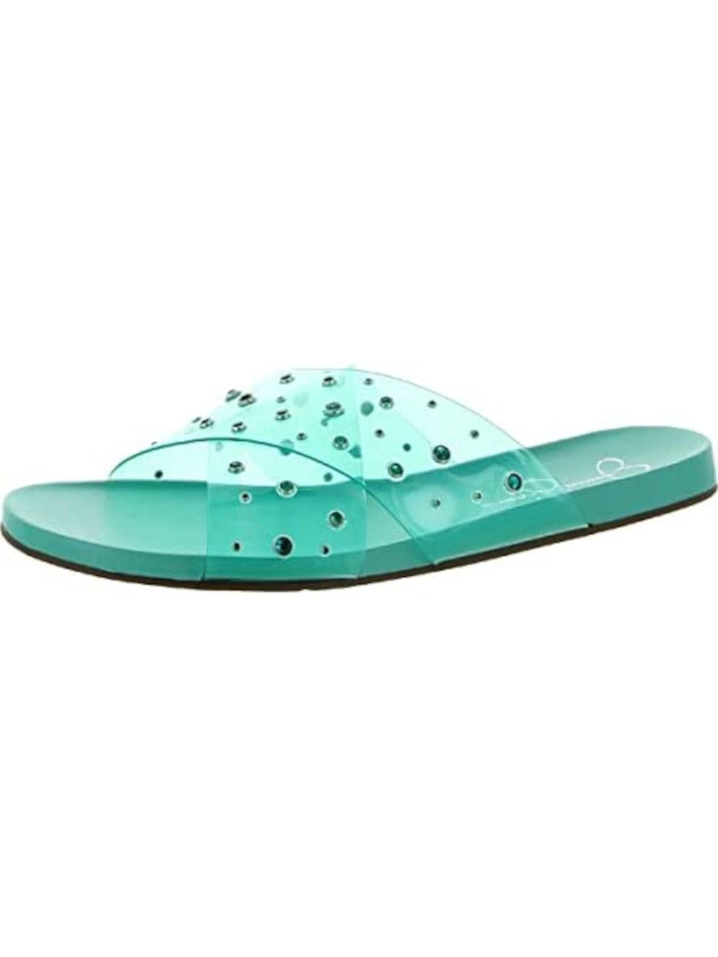 JESSICA SIMPSON Womens Turquoise Clear Vinyl Lucite Straps Studded Rhinestone Tislie Round Toe Slip On Slide Sandals Shoes 8 M