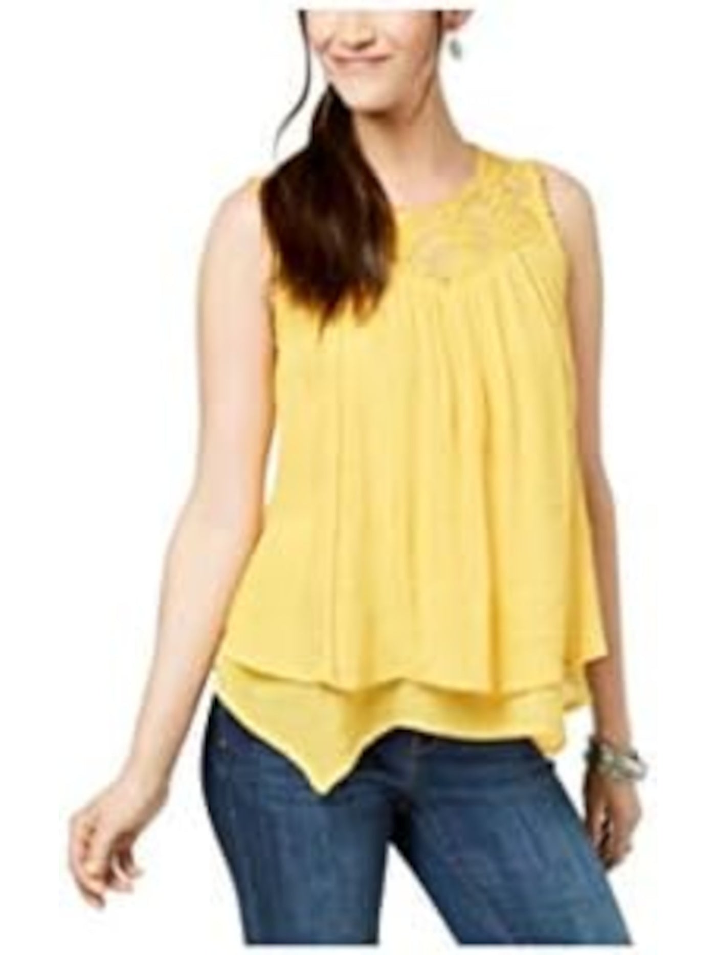 STYLE & COMPANY Womens Gold Embellished Lace Sleeveless Illusion Neckline Tiered Top Petites PM