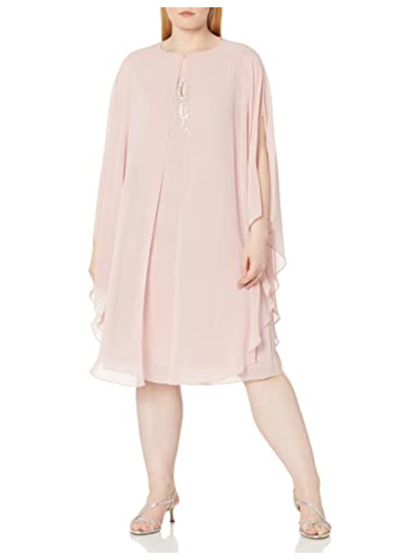 SLNY Womens Pink Rhinestone Zippered Sheer Capelet Sleeveless Keyhole Knee Length Formal Shift Dress Plus 18W